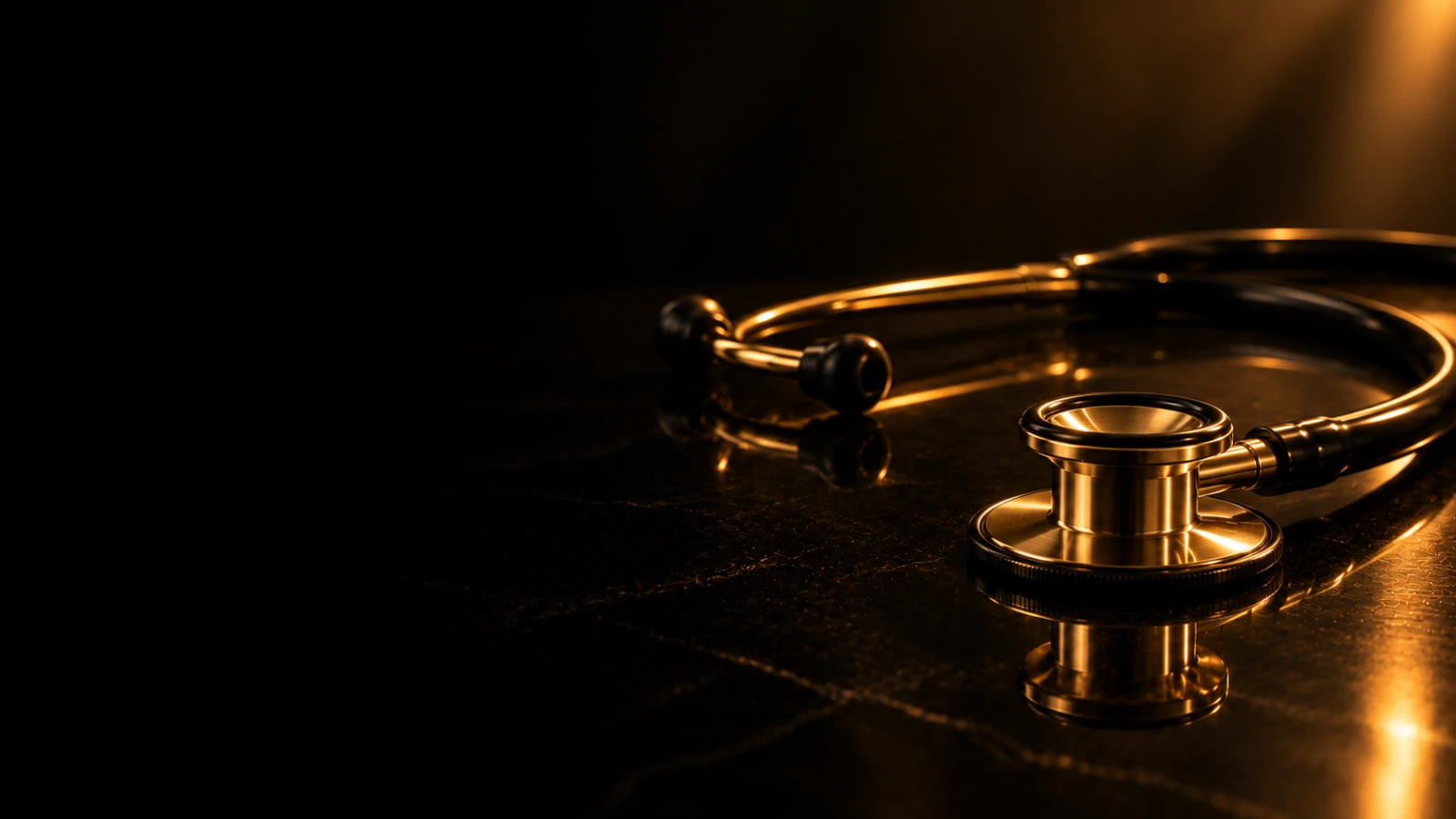 Estetoscópio de metal dourado sobre superfície preta polida